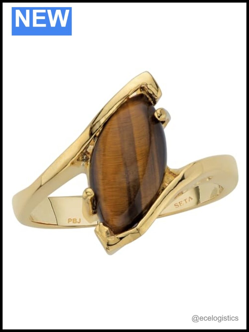 Marquise Brown Tiger's Eye Bypass Ring 14k Gold-Plated Sizes 5-10